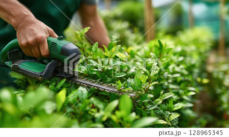 Person in green shirt is trimming hedge with electric hedge trimmer, focusing on precise gardening 128965345