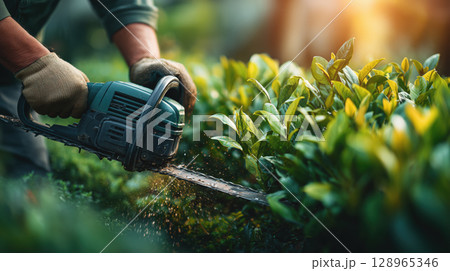 Person in green shirt is trimming hedge with electric hedge trimmer, surrounded by lush greenery and sunlight 128965346