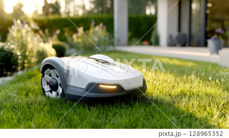 Modern robotic lawn mower efficiently trims grass in well manicured yard, showcasing advanced technology and sleek design 128965352