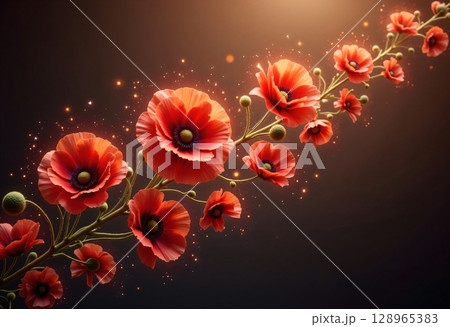 A branch of poppies floats in sparks of sunset gold 128965383