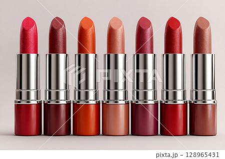 Instagrammable makeup. Glossy lipstick tubes in various shades arranged in a gradient on white background. Makeup mockup. 128965431