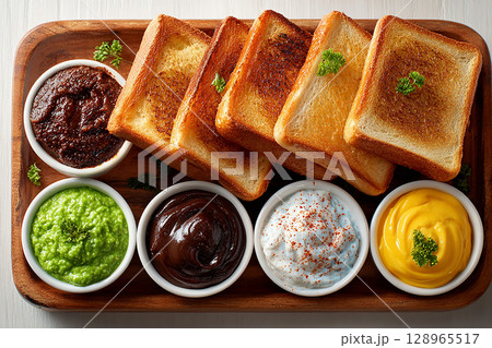 Meal-prep friendly. American buffet breakfast. Hotel Breakfast Styles. Top view of a tray of pieces of toasted bread on a plate and assorted spreads in small bowls on a white background. 128965517
