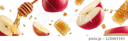 Sliced red apples are combined with golden honey, created with AI, PNG 128965593