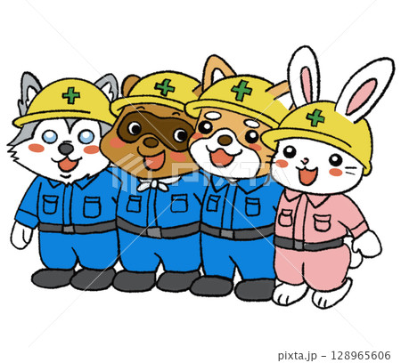 動物の作業員　たぬき、ウサギ、柴犬、ハスキー 128965606