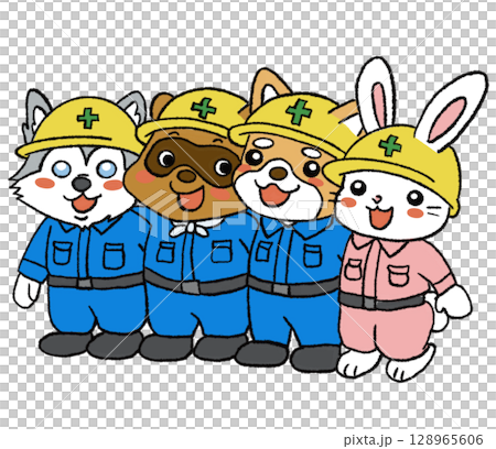 動物の作業員　たぬき、ウサギ、柴犬、ハスキー 128965606