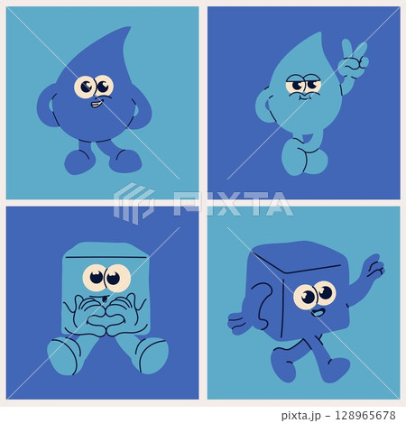 Retro Cartoon Water Drop and Ice Cube Characters 128965678