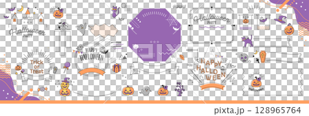 ハロウィンのシンプルな線画フレームデザインセット・サンプル文字なし【白背景】 128965764