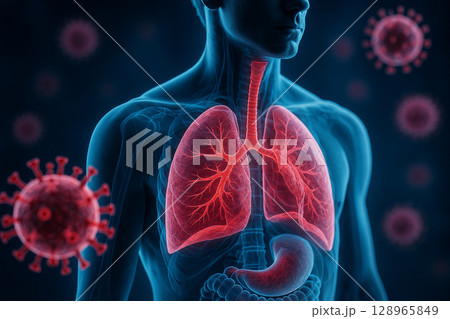 AI generated ultra detailed sci fi medical illustration of human lungs showing red inflamed tissue and virus particles invading respiratory system in futuristic diagnostic perspective 128965849