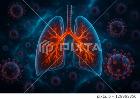 AI generated sci-fi medical rendering of human lungs surrounded by glowing virus particles depicting inflammation and futuristic infection analysis with high detail 128965850