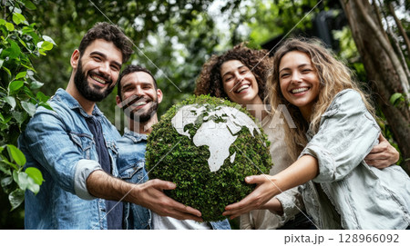 Group of happy people holding moss globe in lush green forest, promoting sustainability Group of happy people holding moss globe in lush green forest, promoting sustainability 128966092