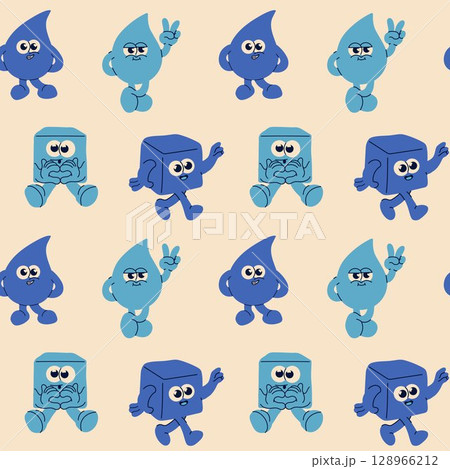 Seamless pattern with Retro Cartoon Water Drop and Ice Cube Characters Seamless pattern with Retro Cartoon Water Drop and Ice Cube Characters 128966212
