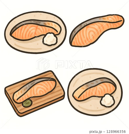 かわいい手描き風鮭の塩焼きアイコン 128966356