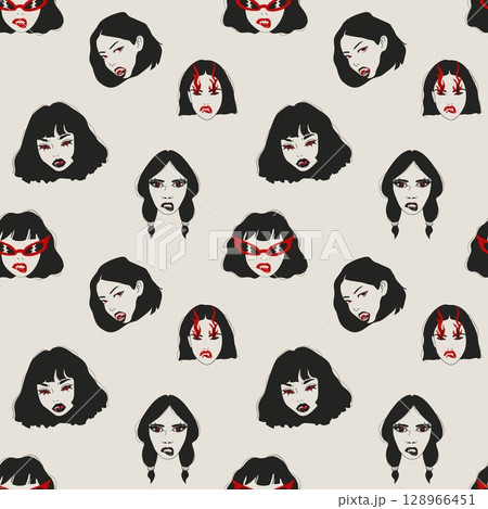 Seamless pattern with Set of Vampire Girl Featuring Sharp Fangs and Red Eyes	 128966451