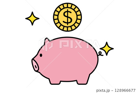 豚の貯金箱とドルマークのコインのシンプルな線画アイコン 豚の貯金箱とドルマークのコインのシンプルな線画アイコン 128966677