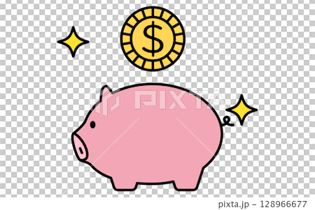 豚の貯金箱とドルマークのコインのシンプルな線画アイコン 豚の貯金箱とドルマークのコインのシンプルな線画アイコン 128966677
