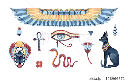 Set with Egyptian symbols, ancient religion icons. Bastet, Scarab beetle, wings, Eye of Horus, Ankh, snake, geometric figures, abstract lotus. Watercolor illustration art isolated from background 128966871