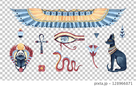 Set with Egyptian symbols, ancient religion icons. Bastet, Scarab beetle, wings, Eye of Horus, Ankh, snake, geometric figures, abstract lotus. Watercolor illustration art isolated from background Set with Egyptian symbols, ancient religion icons. Bastet, Scarab beetle, wings, Eye of Horus, Ankh, snake, geometric figures, abstract lotus. Watercolor illustration art isolated from background 128966871