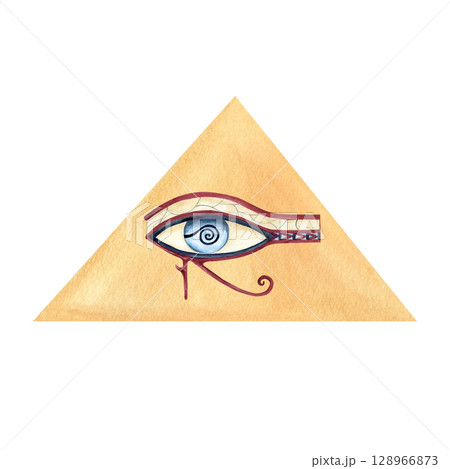 Egyptian abstract pyramid with eye of Horus. Ancient god, ornament wadjet, religion icon, symbol. Watercolor isolated illustration. African Arab culture concept for souvenir products design, logo Egyptian abstract pyramid with eye of Horus. Ancient god, ornament wadjet, religion icon, symbol. Watercolor isolated illustration. African Arab culture concept for souvenir products design, logo 128966873