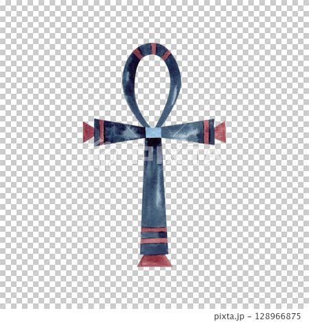 Ankh ancient Egyptian religion symbol. Hieroglyph in form of cross, ornament isolated from background. Dark blue, red watercolor icon illustration for packaging, logo, decor, souvenir products design 128966875