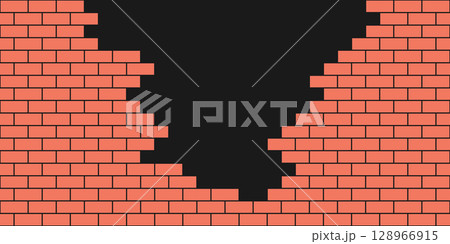 Brick wall hole. Broken red brick wall. Old building texture. Crack stone background. Graphic blocks frame. Vintage abstract vector illustration 128966915