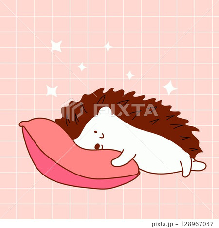 Cute Cartoon Hedgehog Nappin. Pink Pillow Sleep Scene	 128967037