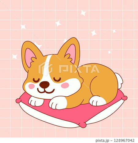 Cartoon Corgi Sleeping Peacefully on Pink Cushion	 128967042