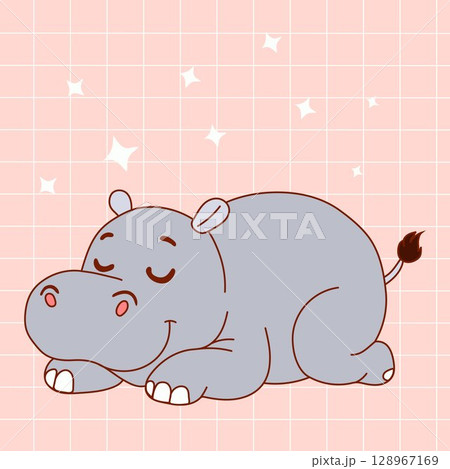 Cartoon illustration of a cute sleeping hippo in a relaxed pose with eyes closed and a peaceful, gentle expression Cartoon illustration of a cute sleeping hippo in a relaxed pose with eyes closed and a peaceful, gentle expression 128967169