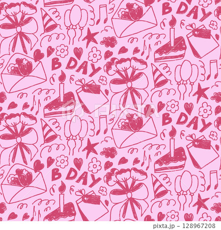 Birthday girly party crayon seamless pattern. Festive pink and red doodle endless background. Hand drawn kids repeat cover. Vector hand drawn illustration Birthday girly party crayon seamless pattern. Festive pink and red doodle endless background. Hand drawn kids repeat cover. Vector hand drawn illustration 128967208