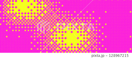 Halftone bright background. Noise gradient fuchsia and yellow colors design cover. Grainy pixel overlay backdrop. Dots wide banner. Vector abstract gradation illustration Halftone bright background. Noise gradient fuchsia and yellow colors design cover. Grainy pixel overlay backdrop. Dots wide banner. Vector abstract gradation illustration 128967215