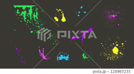 Neon colors paint stain liquid textures set. Aerosol can spray splashes. Grunge graffiti art melting drops sand prayed elements. Urban street stencil on wall. Vector graphic acrylic paint messy spots 128967235
