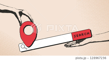 Travel collage with photocopy hands and pixel art tourism elements. Human arms palms holding location map pin and search bar. Vector journey bitmap scrapbook and 8bit mixed media illustration 128967236