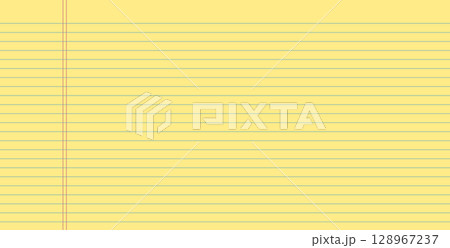 Legal pad lined horizontal textured paper. Yellow worksheet with stripes. Blank empty page of binder. Wide horizontal line grid backdrop. Vector grid school notepad cover illustration 128967237