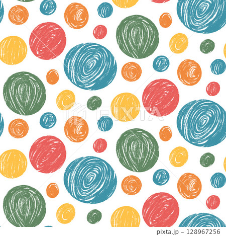 Polka dots multi color seamless pattern. Crayon difrent kids element endless background. Naive simple dot repeat cover. Round green, orange and yellow continuous ornament. Vector illustration 128967256