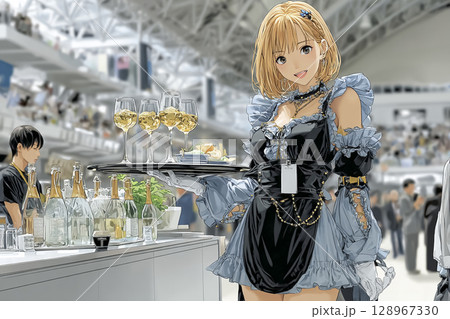 あなたに届ける一杯♡笑顔がまぶしい美人メイドの配膳シーン イラスト素材 あなたに届ける一杯♡笑顔がまぶしい美人メイドの配膳シーン イラスト素材 128967330