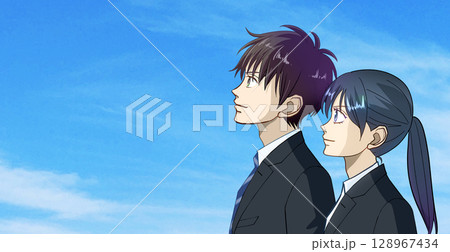 青空を見上げる学生または社会人の男女のアニメ風イラスト、左に余白 128967434