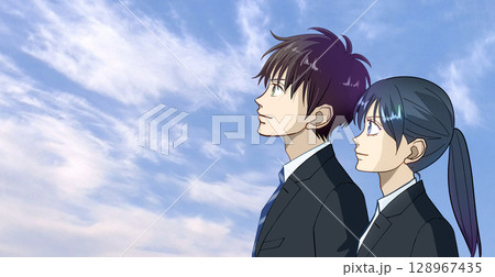 青空を見上げる学生または社会人の男女のアニメ風イラスト、左に余白 青空を見上げる学生または社会人の男女のアニメ風イラスト、左に余白 128967435