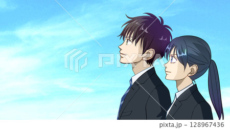 青空を見上げる学生または社会人の男女のアニメ風イラスト、左に余白 128967436