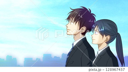 青空を見上げる学生または社会人の男女のアニメ風イラスト、左に余白 128967437