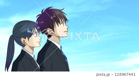 青空を見上げる学生または社会人の男女のアニメ風イラスト、右に余白 128967441