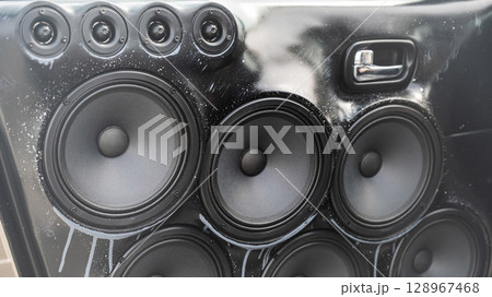 Detailed Close-Up of a Sports Car Gear Shift and Interior Features.  128967468