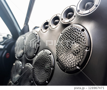 Detailed Close-Up of a Sports Car Gear Shift and Interior Features.  128967471
