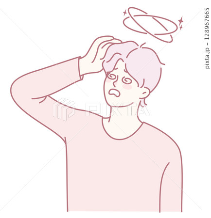 A person feels dizzy, illustrated by a thought bubble showing their thoughts and emotions 128967665