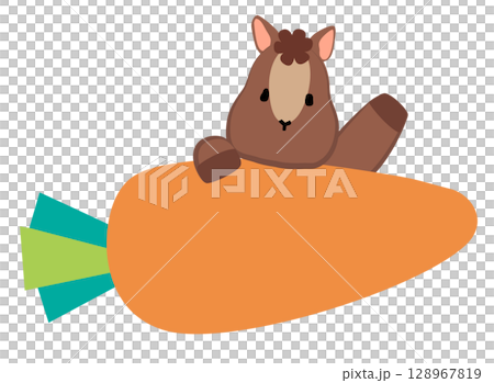 午年年賀素材　大きい人参を持って手を振る馬のイラスト 128967819