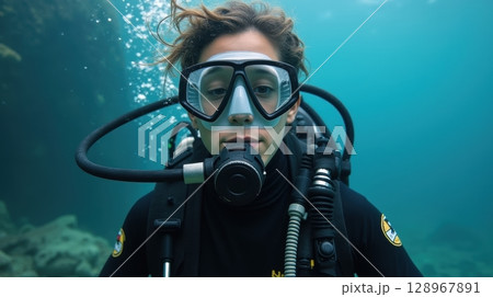 woman freediver glides with snorkel in diving mask woman freediver glides with snorkel in diving mask 128967891
