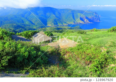 【島根県】摩天崖から見た監視所跡と国賀海岸（隠岐の島　西ノ島） 128967920