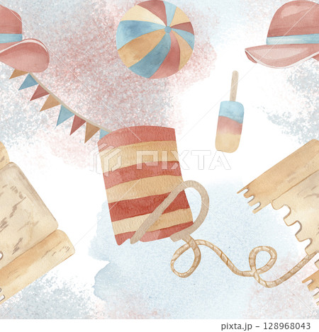 Watercolor beach-themed seamless pattern featuring a striped bag, beach ball, sun hats, popsicle, bunting, sandcastle. Perfect for summer textiles, packaging, baby products, scrapbooking, banners 128968043