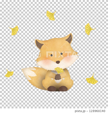 秋のキツネとイチョウのイラスト｜かわいい・水彩風・背景透過PNG 128968140