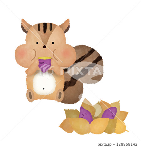 水彩風　秋のリスと焼き芋のイラスト｜かわいい・動物・背景透過PNG 128968142