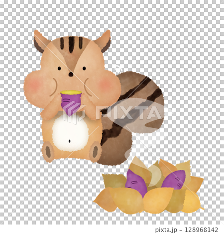 水彩風格的秋季松鼠和烤地瓜插圖 | 可愛，動物，透明背景PNG 128968142
