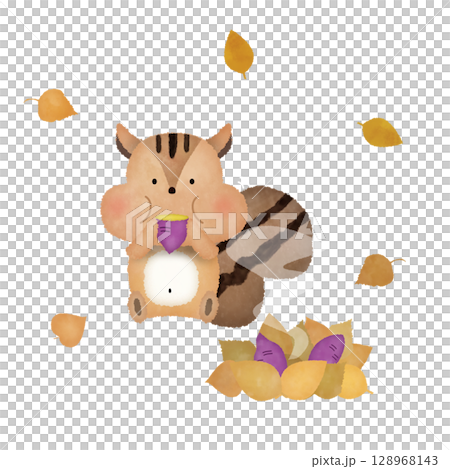 水彩風格的秋季松鼠和烤地瓜插圖 | 可愛，動物，透明背景PNG 128968143